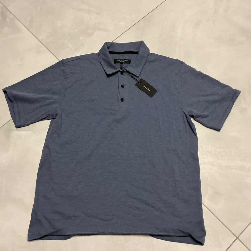 New Authentic Rag & Bone Slate Blue Classic Slub Jersey Polo Size L Ret.$148